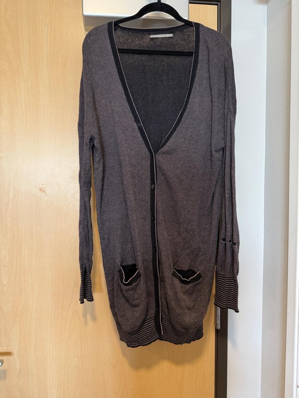 Lightweight Long Cardigan in Heather Gray with Black Trim